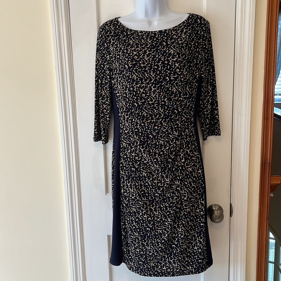 Ralph Lauren Print Runched Sheath Dress 12 P Navy Blue Leopard Classic Preppy - Picture 4 of 17